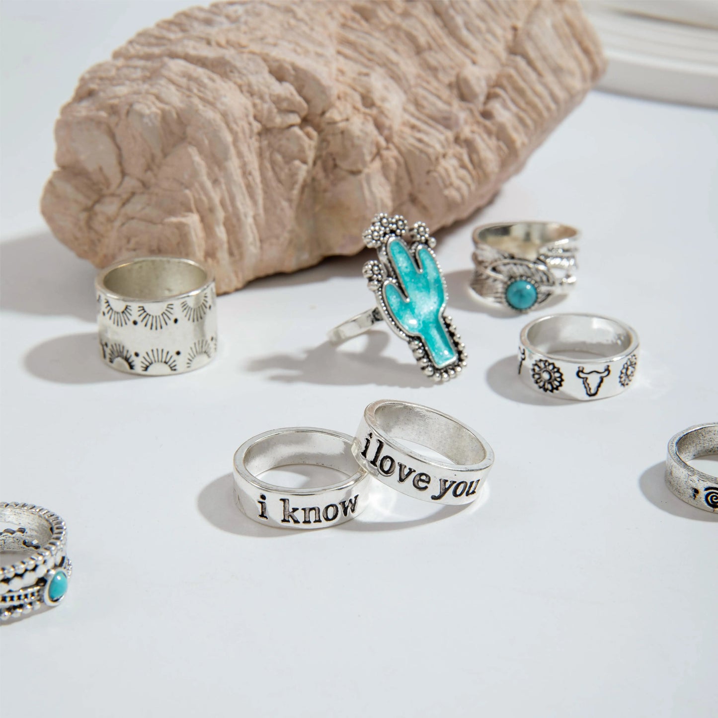 Vintage Blue Stone Letter Finger Rings Set