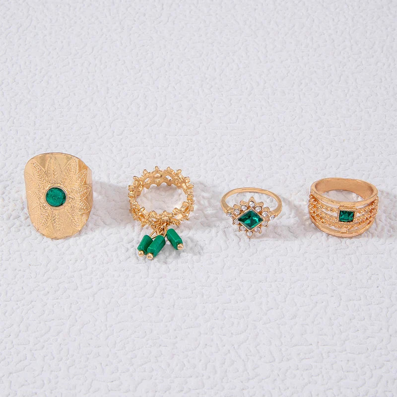 Luxury Green Stone Geometry Joint Ring Sets for Women Charms Alloy Metal Punk Hip Hop Jewelry Anillo4pcs/sets 25193