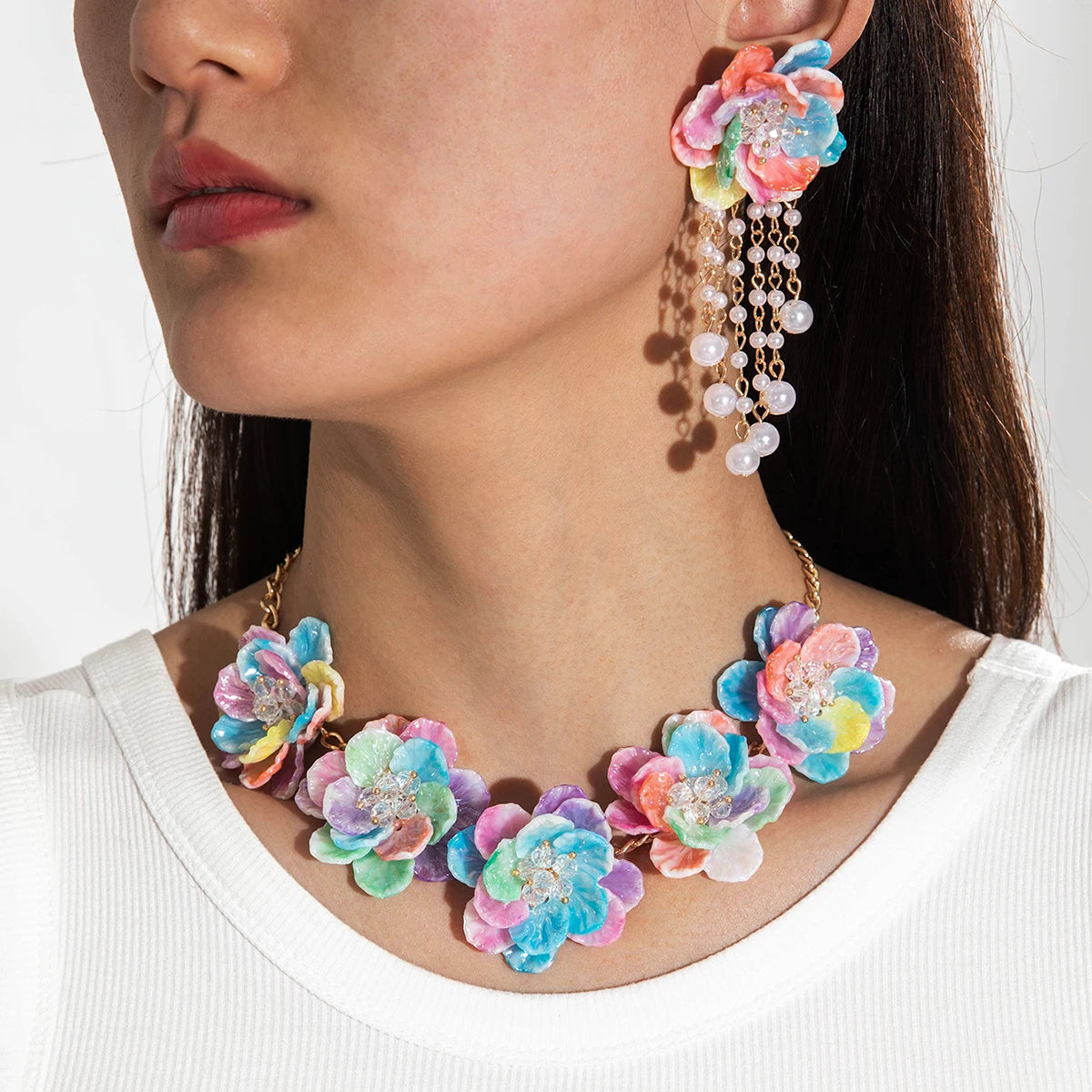 Colored Resin Imitation Crystal Flower Tassel Earrings Necklace set Suitable