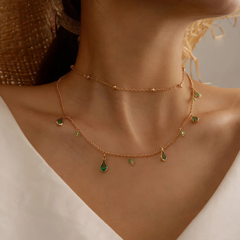Bohemian Water Drop Green Rhinestone Chain Necklace