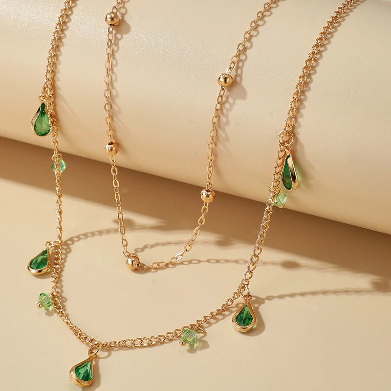 Bohemian Water Drop Green Rhinestone Chain Necklace