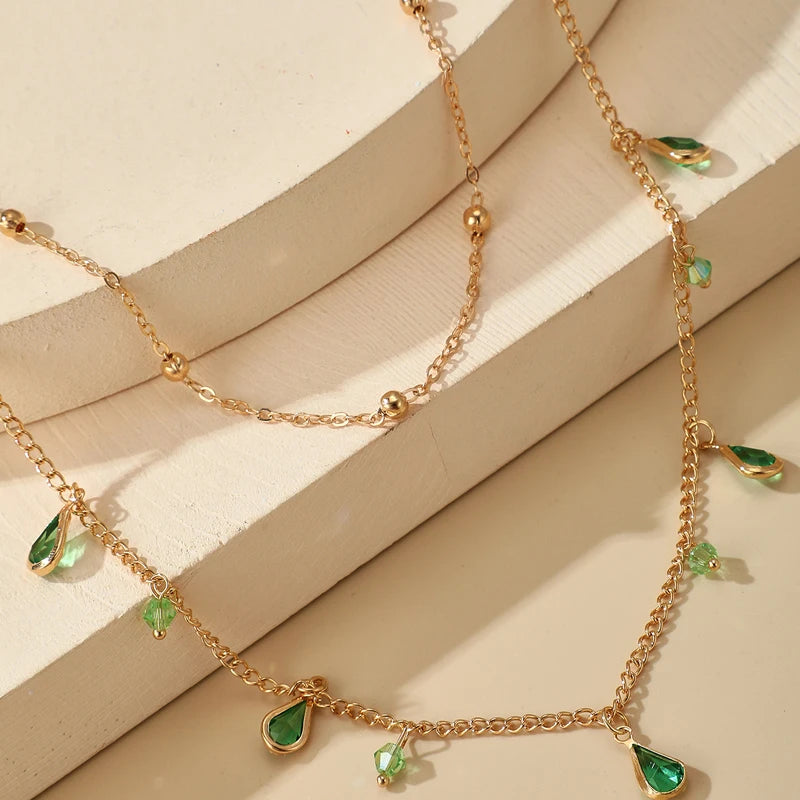 Bohemian Water Drop Green Rhinestone Chain Necklace