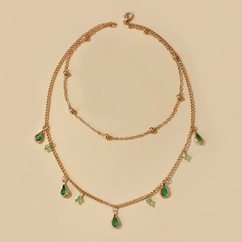 Bohemian Water Drop Green Rhinestone Chain Necklace