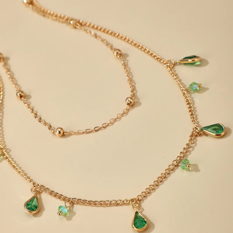 Bohemian Water Drop Green Rhinestone Chain Necklace