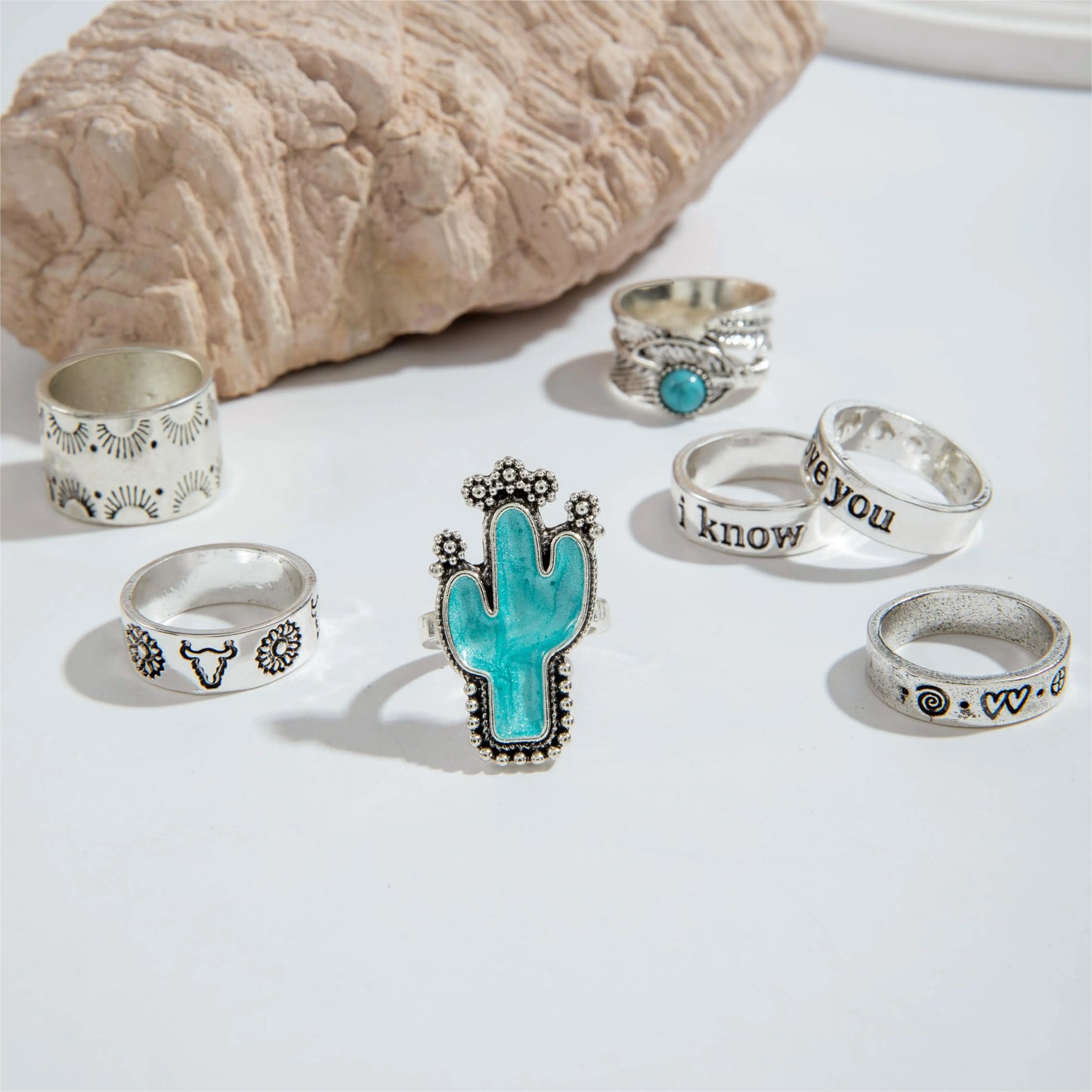 Vintage Blue Stone Letter Finger Rings Set