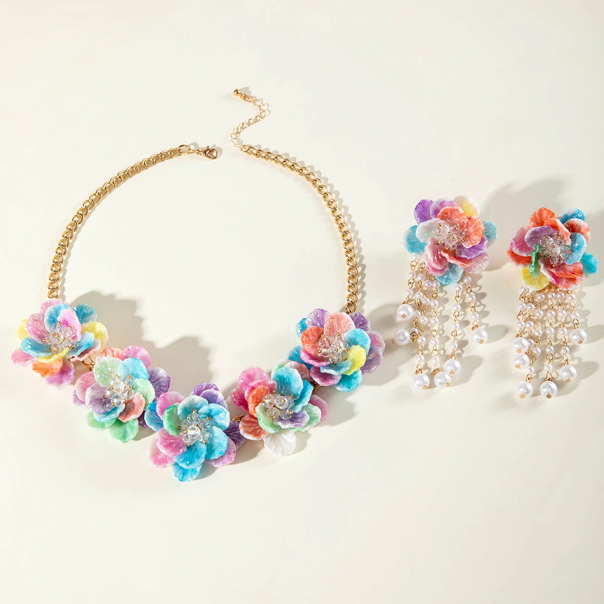 Colored Resin Imitation Crystal Flower Tassel Earrings Necklace set Suitable