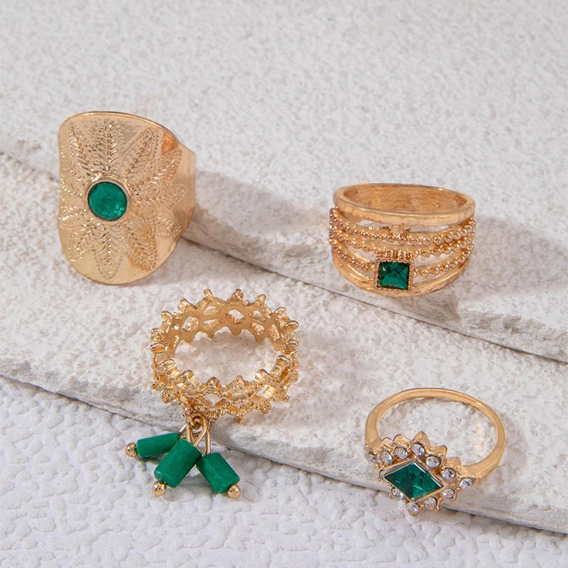 Luxury Green Stone Geometry Joint Ring Sets for Women Charms Alloy Metal Punk Hip Hop Jewelry Anillo4pcs/sets 25193