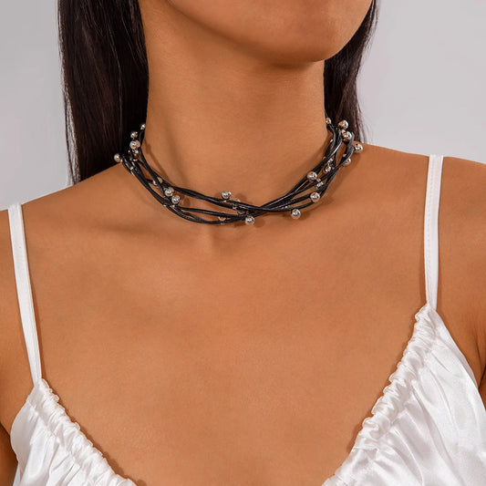 Pattern Bohemian Metal Beads Charm Leather Necklace