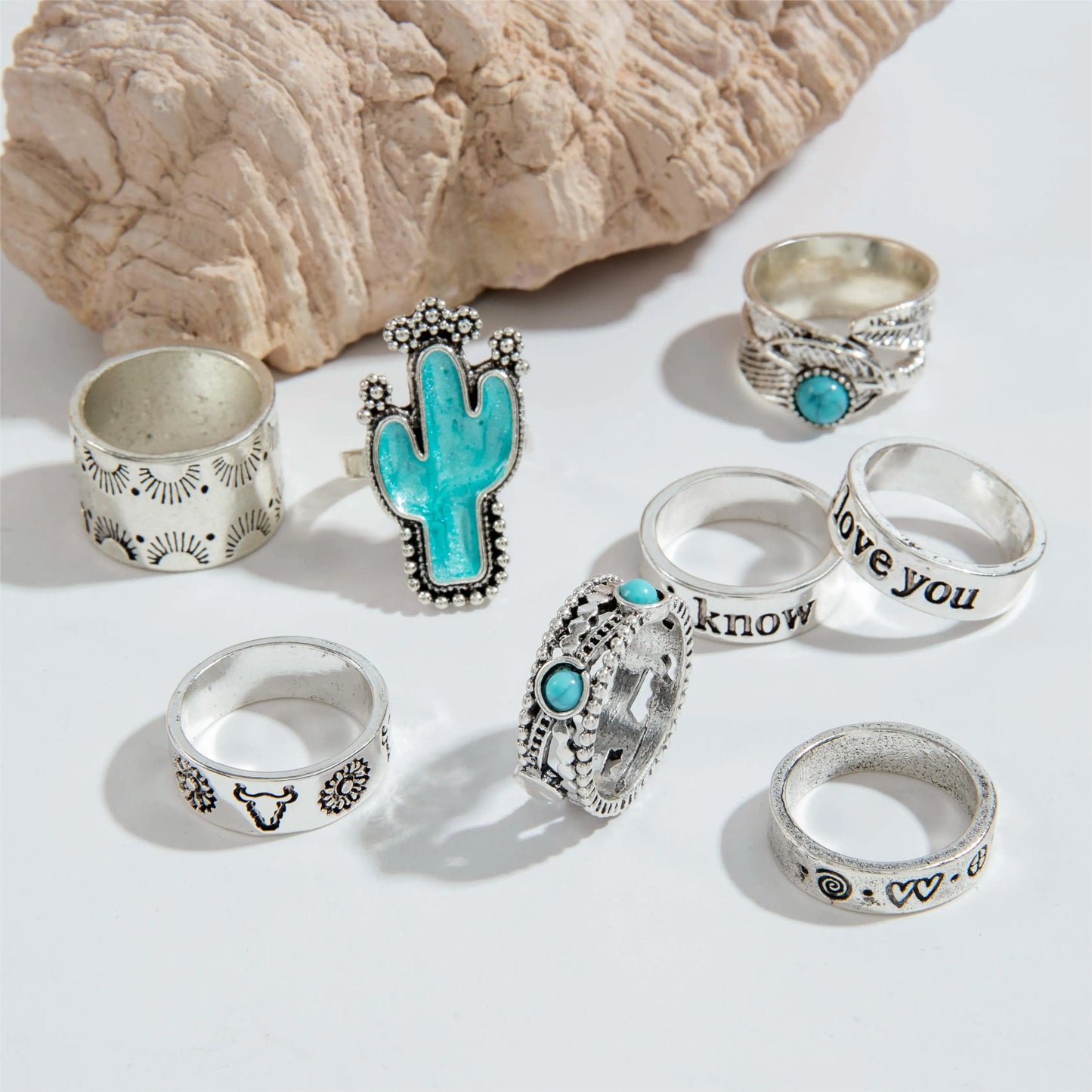 Vintage Blue Stone Letter Finger Rings Set