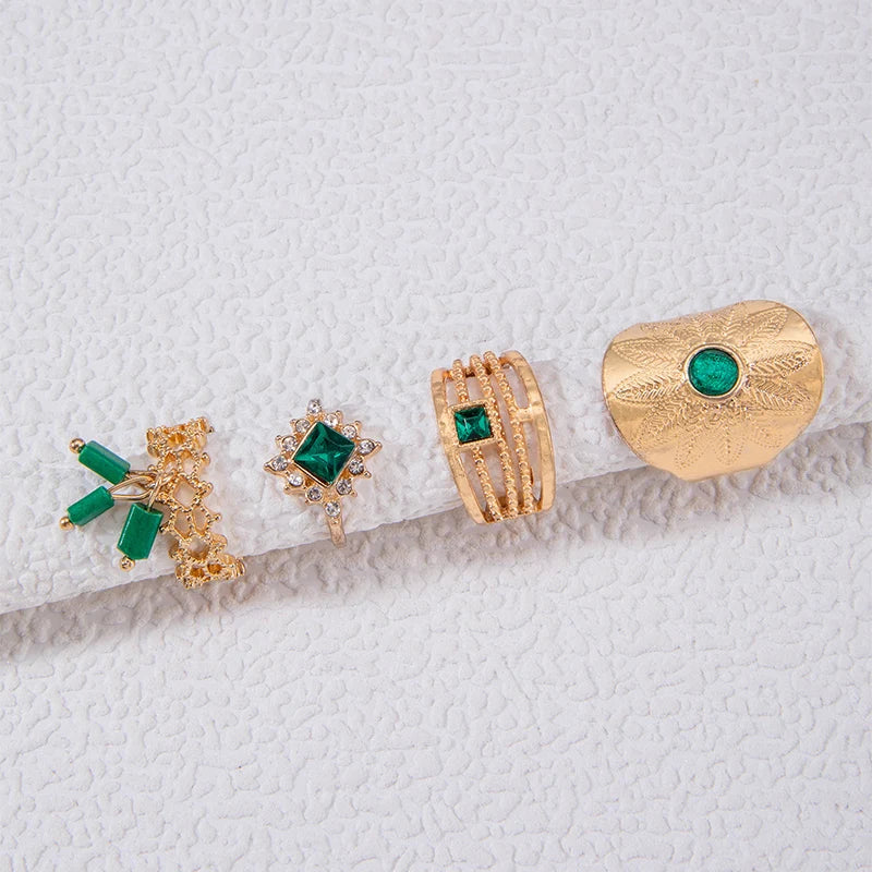 Luxury Green Stone Geometry Joint Ring Sets for Women Charms Alloy Metal Punk Hip Hop Jewelry Anillo4pcs/sets 25193