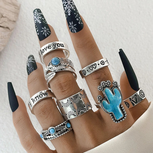 Vintage Blue Stone Letter Finger Rings Set