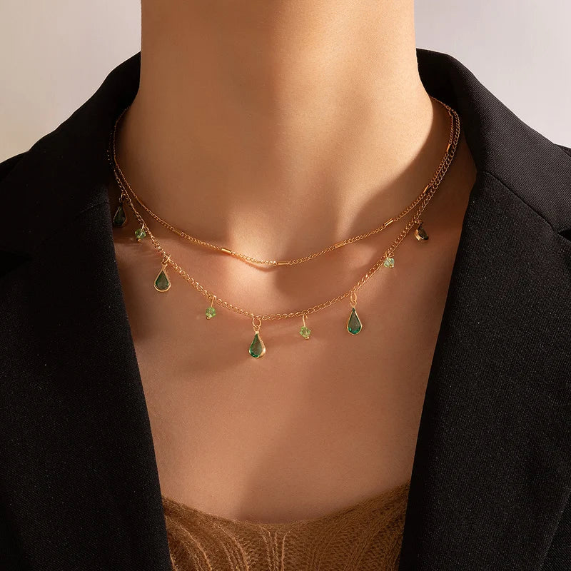Bohemian Water Drop Green Rhinestone Chain Necklace