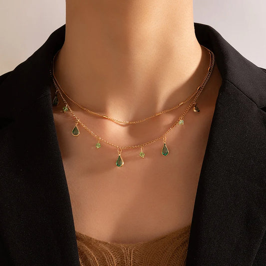 Bohemian Water Drop Green Rhinestone Chain Necklace