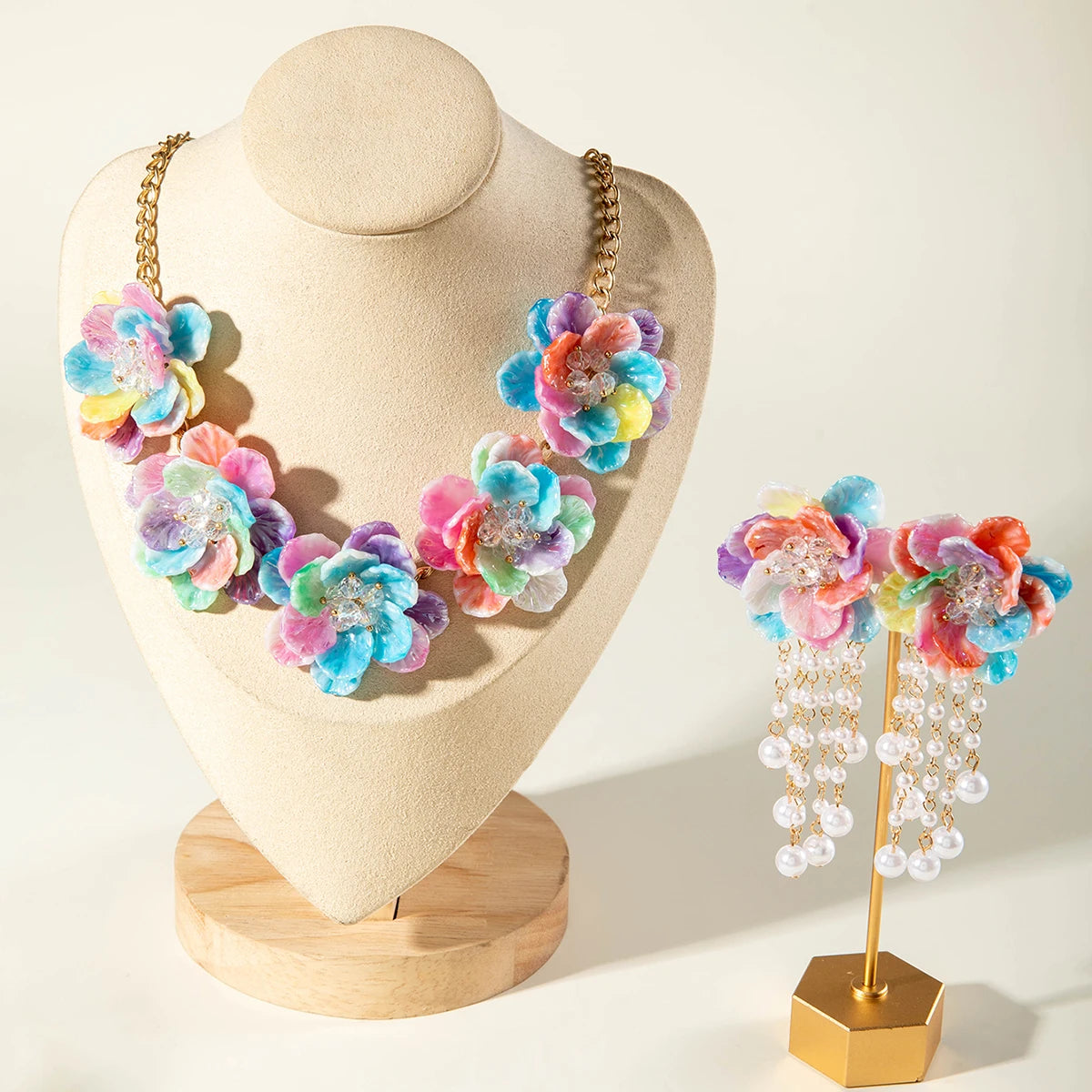 Colored Resin Imitation Crystal Flower Tassel Earrings Necklace set Suitable