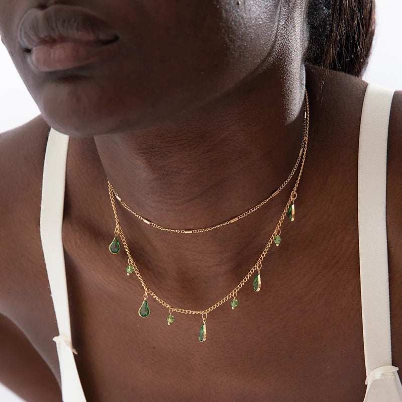 Bohemian Water Drop Green Rhinestone Chain Necklace