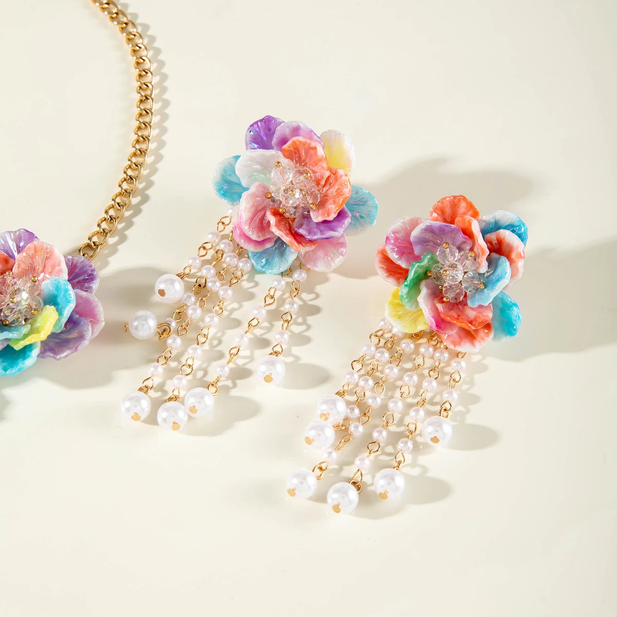 Colored Resin Imitation Crystal Flower Tassel Earrings Necklace set Suitable