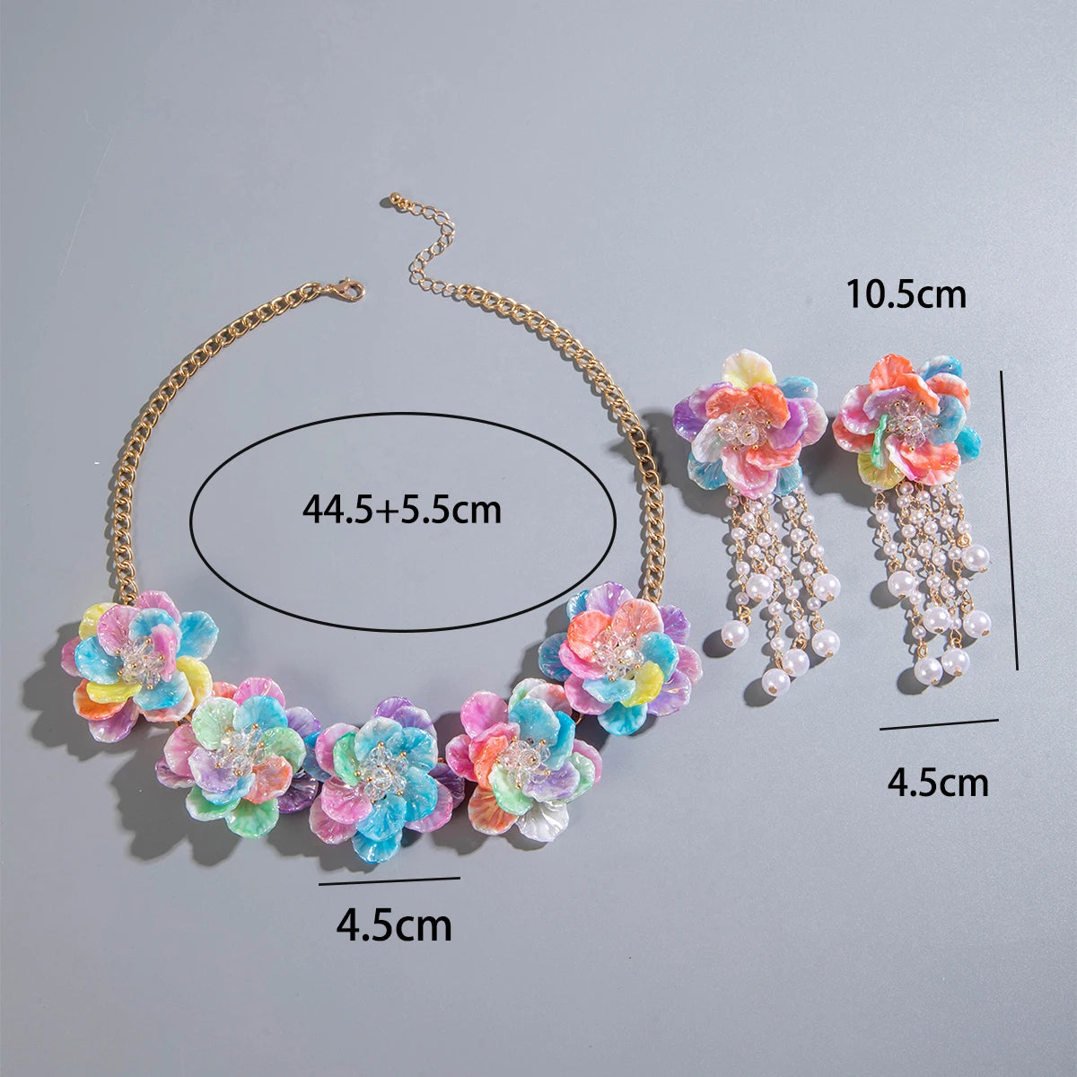 Colored Resin Imitation Crystal Flower Tassel Earrings Necklace set Suitable