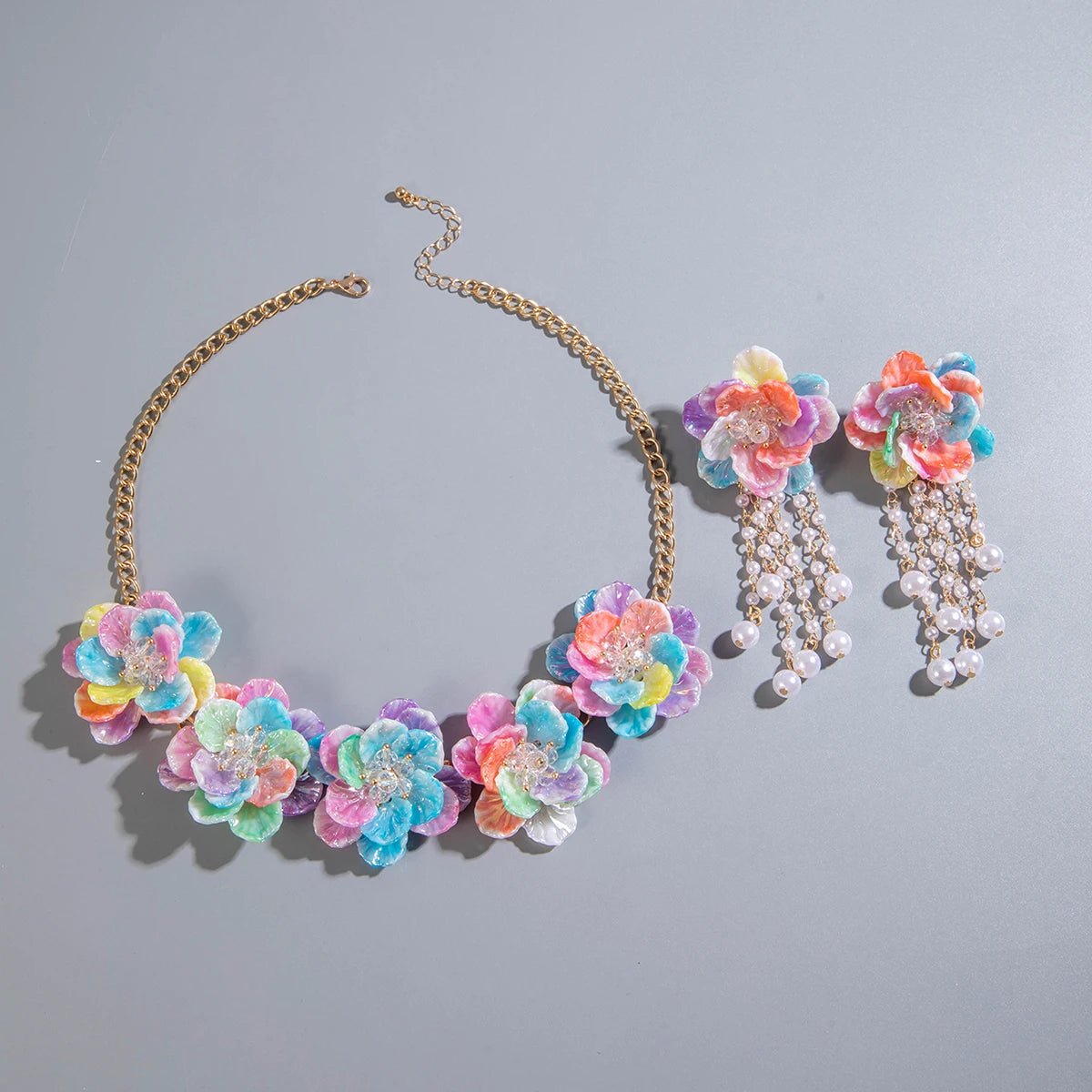 Colored Resin Imitation Crystal Flower Tassel Earrings Necklace set Suitable
