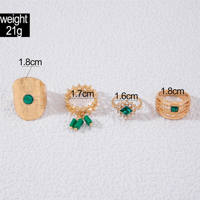 Luxury Green Stone Geometry Joint Ring Sets for Women Charms Alloy Metal Punk Hip Hop Jewelry Anillo4pcs/sets 25193