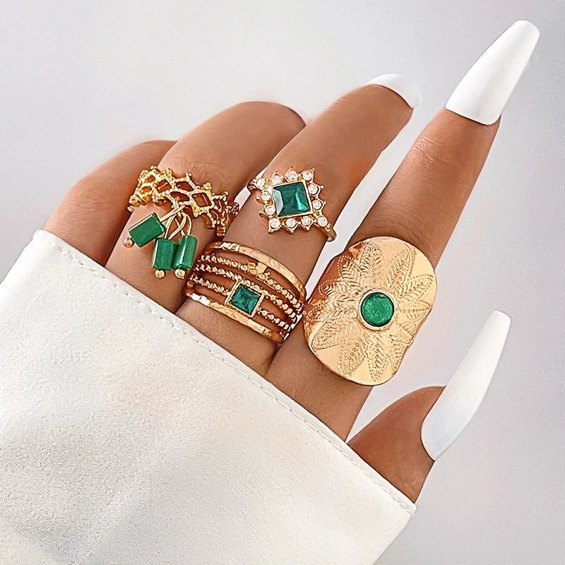 Luxury Green Stone Geometry Joint Ring Sets for Women Charms Alloy Metal Punk Hip Hop Jewelry Anillo4pcs/sets 25193